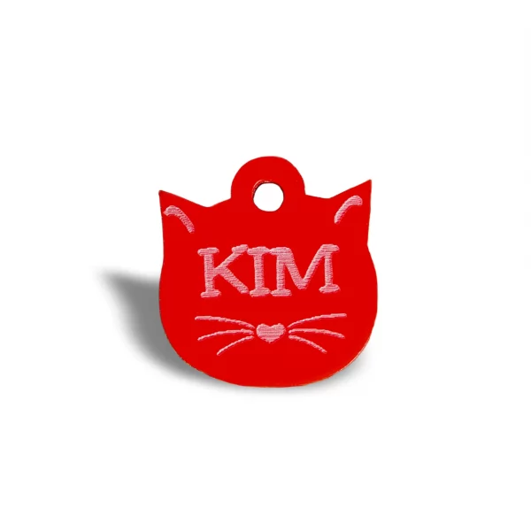 chapa personalizada para gato con forma de cara de gato, color rojo
